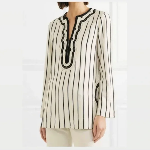 NEW Tory Burch Long Sleeve Stripe Tunic Top Size 2 Rayon Slub Stripe Tunic $348 - Picture 8 of 9